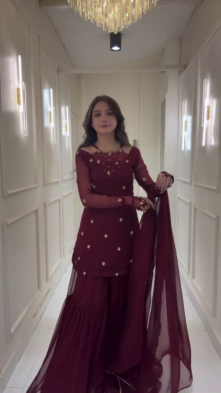 Designer Maroon Georgette Sharara Suit Set with Embroidered Kurti, Sheer Full Sleeves, Golden Sequin Motifs & Matching Dupatta – Elegant Traditional Wear for Wedding Functions, Festivals & Special Occasions
