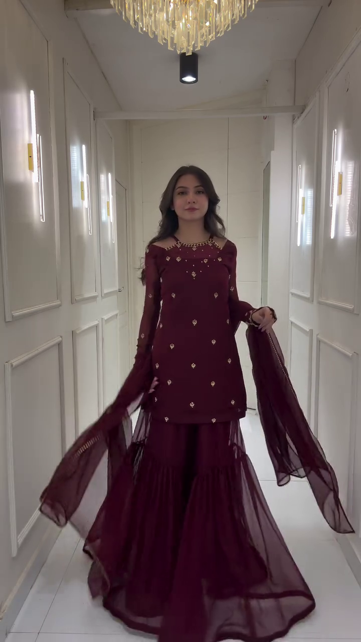 Designer Maroon Georgette Sharara Suit Set with Embroidered Kurti, Sheer Full Sleeves, Golden Sequin Motifs & Matching Dupatta – Elegant Traditional Wear for Wedding Functions, Festivals & Special Occasions - Image 4