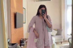 Elegant Pastel Lilac Anarkali Suit with Embellished Details and Chiffon Dupatta