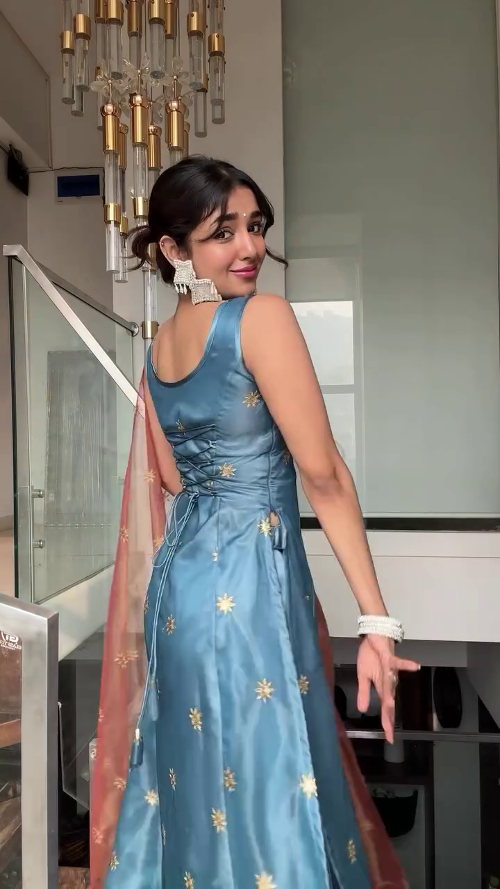 Blue Silk Anarkali Dress with Embroidered Golden Motifs and Matching Dupatta - Image 4