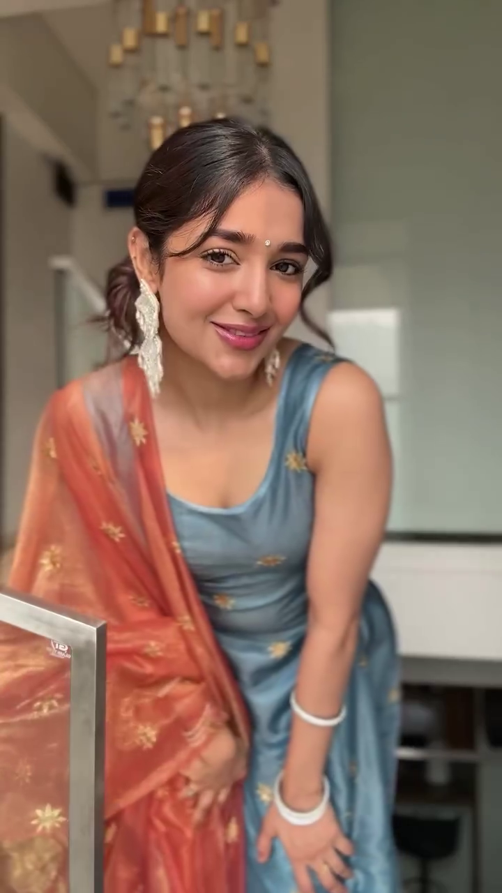 Blue Silk Anarkali Dress with Embroidered Golden Motifs and Matching Dupatta - Image 2