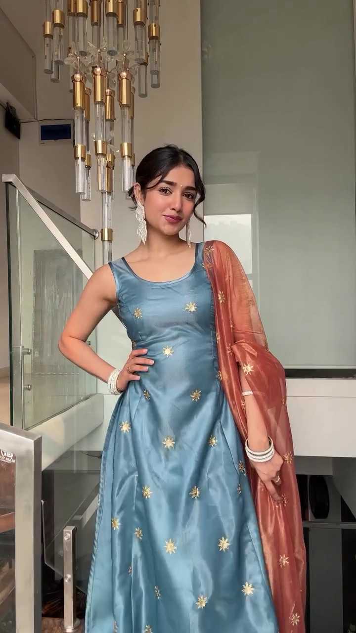 Blue Silk Anarkali Dress with Embroidered Golden Motifs and Matching Dupatta - Image 5