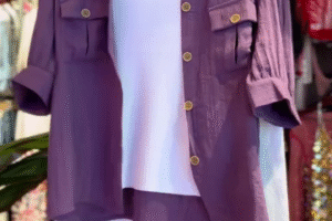 Urban Grace 3-Piece Summer Co-ord Set for Women – Soft Cotton Purple Utility Shirt with Golden Buttons, White Tank Top & Relaxed Fit Cropped Trousers