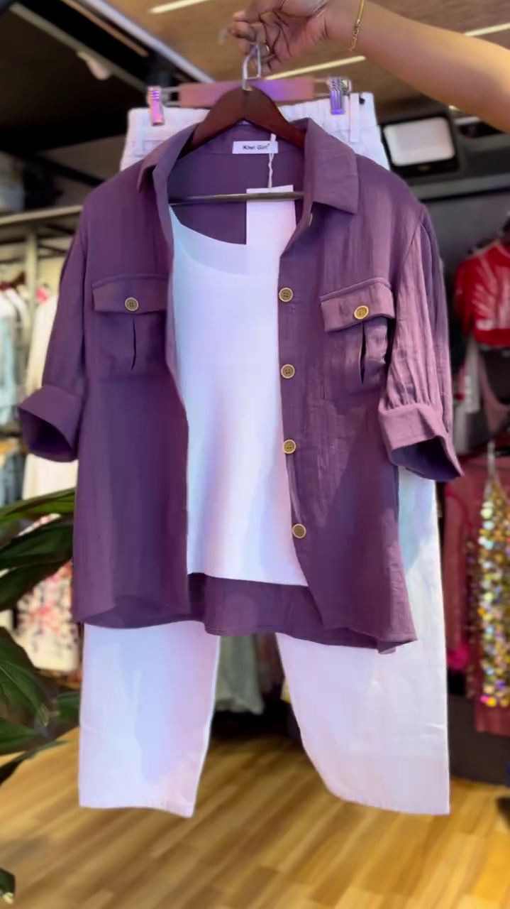 Urban Grace 3-Piece Summer Co-ord Set for Women – Soft Cotton Purple Utility Shirt with Golden Buttons, White Tank Top & Relaxed Fit Cropped Trousers