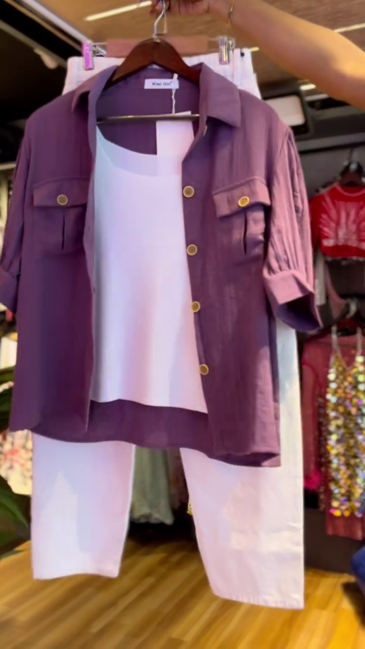 Urban Grace 3-Piece Summer Co-ord Set for Women – Soft Cotton Purple Utility Shirt with Golden Buttons, White Tank Top & Relaxed Fit Cropped Trousers - Image 2