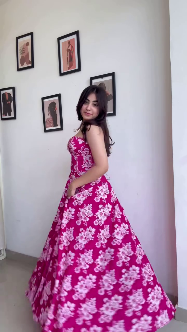 Blossom Radiance Strapless Maxi Dress for Women – Fuchsia Pink Flared Gown with White Floral Print and Hidden Side Pockets – Lightweight Cotton Blend for Festive, Brunch & Vacation Wear - Image 2