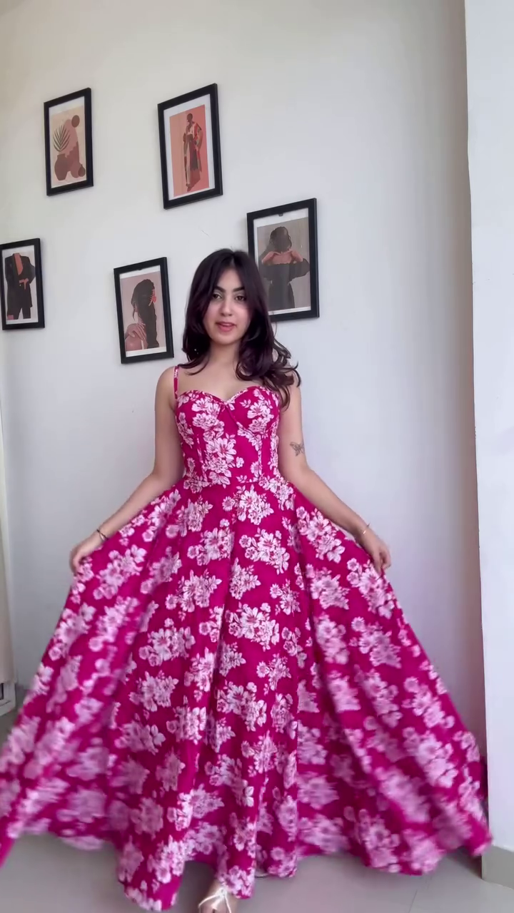 Blossom Radiance Strapless Maxi Dress for Women – Fuchsia Pink Flared Gown with White Floral Print and Hidden Side Pockets – Lightweight Cotton Blend for Festive, Brunch & Vacation Wear