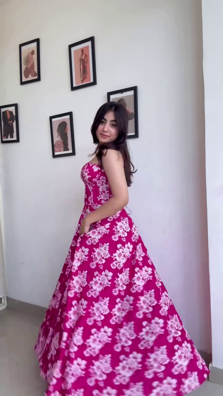 Blossom Radiance Strapless Maxi Dress for Women – Fuchsia Pink Flared Gown with White Floral Print and Hidden Side Pockets – Lightweight Cotton Blend for Festive, Brunch & Vacation Wear - Image 3