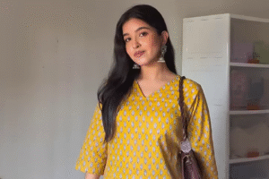 Bright Mustard Yellow Cotton Printed Short Kurti Top for College Girls – Lightweight Daily Wear with V-Neckline & 3/4th Sleeves