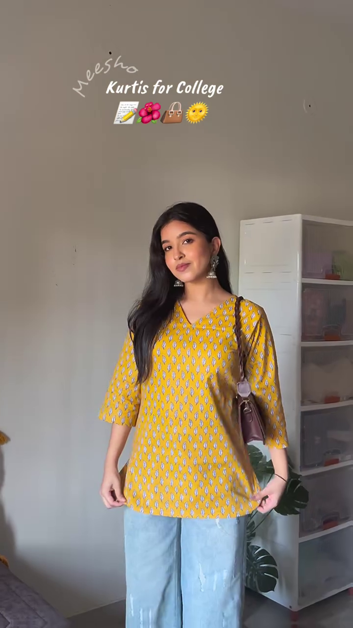 Bright Mustard Yellow Cotton Printed Short Kurti Top for College Girls – Lightweight Daily Wear with V-Neckline & 3/4th Sleeves
