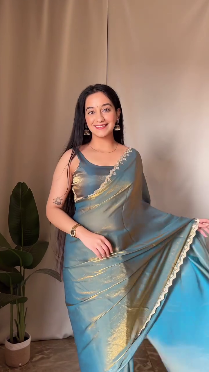 Elegant Lime Green Organza Saree with Golden Mirror Work Border – Lightweight Festive & Party Wear with Matching Sleeveless Blouse - Image 2