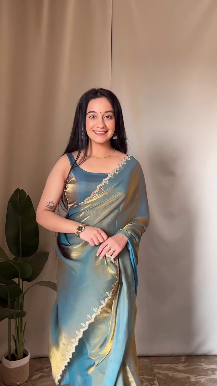 Elegant Lime Green Organza Saree with Golden Mirror Work Border – Lightweight Festive & Party Wear with Matching Sleeveless Blouse - Image 6