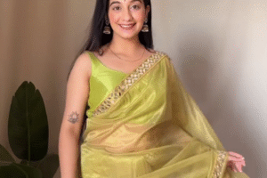 Elegant Lime Green Organza Saree with Golden Mirror Work Border – Lightweight Festive & Party Wear with Matching Sleeveless Blouse