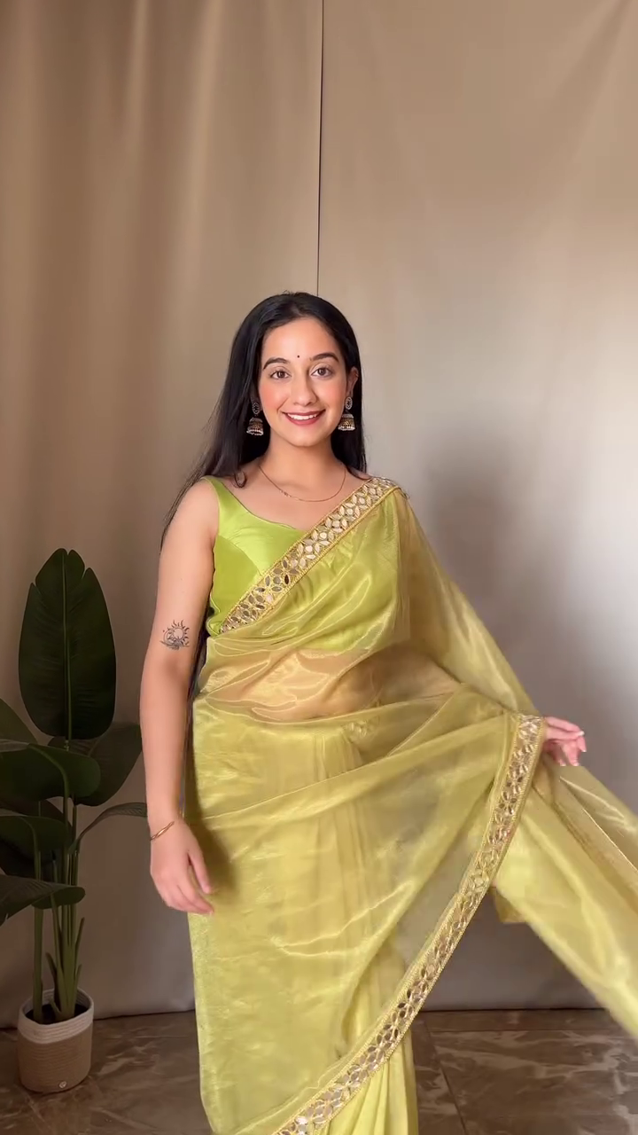 Elegant Lime Green Organza Saree with Golden Mirror Work Border – Lightweight Festive & Party Wear with Matching Sleeveless Blouse