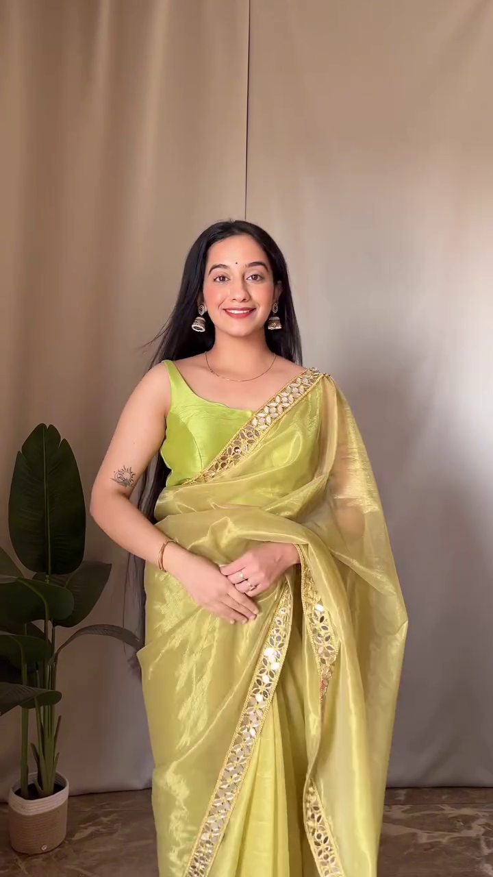 Elegant Lime Green Organza Saree with Golden Mirror Work Border – Lightweight Festive & Party Wear with Matching Sleeveless Blouse - Image 3