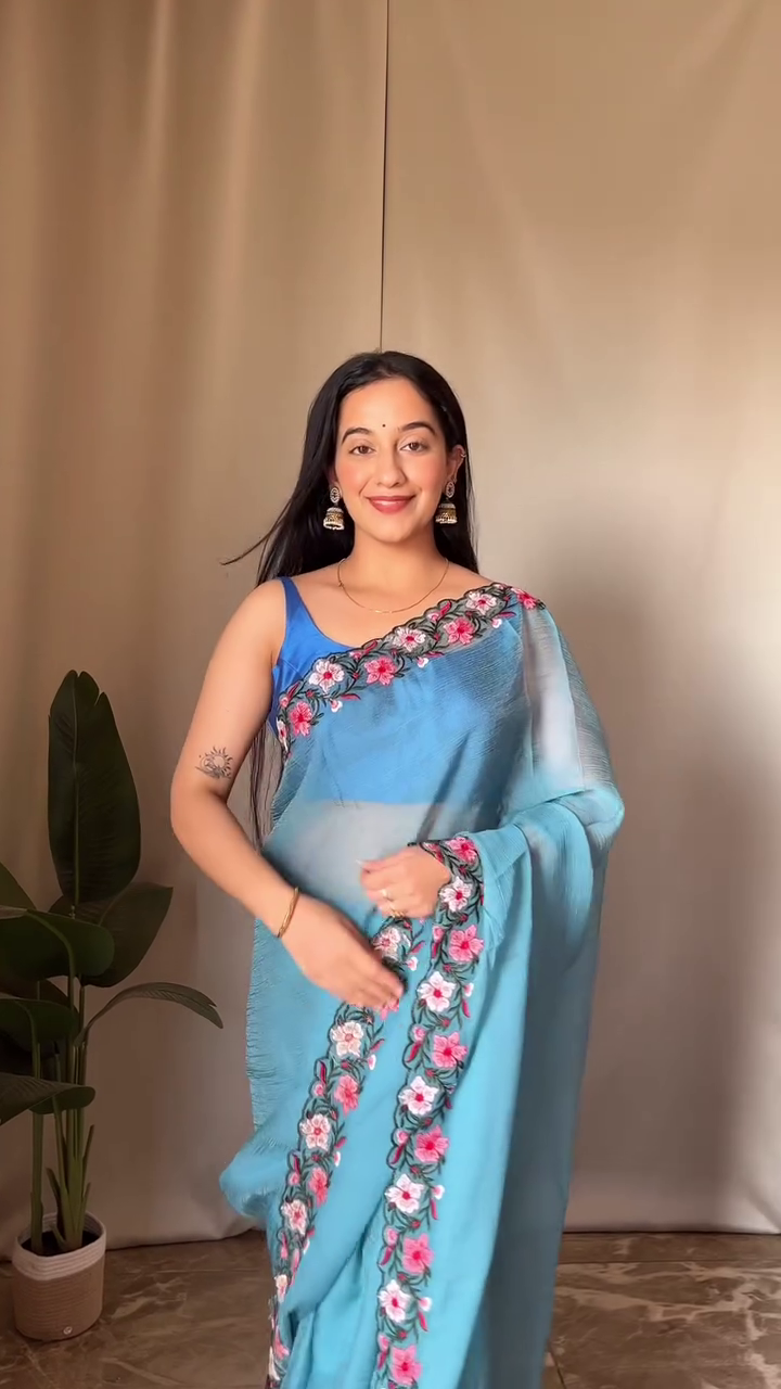 Elegant Lime Green Organza Saree with Golden Mirror Work Border – Lightweight Festive & Party Wear with Matching Sleeveless Blouse - Image 5