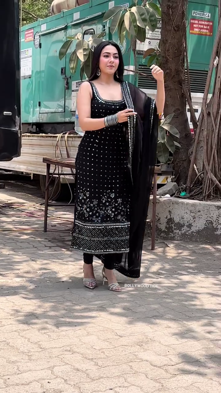 Midnight Sparkle Black Georgette Mirror Work Suit Set with Embroidered Straight Kurta, Dupatta, and Matching Bottom – Glamorous Ethnic Ensemble for Festive & Evening Wear - Image 4