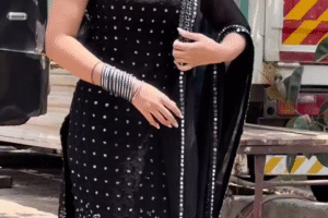 Midnight Sparkle Black Georgette Mirror Work Suit Set with Embroidered Straight Kurta, Dupatta, and Matching Bottom – Glamorous Ethnic Ensemble for Festive & Evening Wear