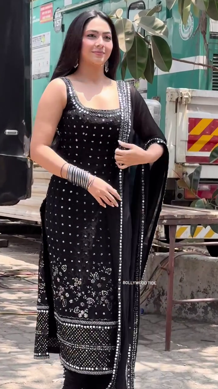 Midnight Sparkle Black Georgette Mirror Work Suit Set with Embroidered Straight Kurta, Dupatta, and Matching Bottom – Glamorous Ethnic Ensemble for Festive & Evening Wear