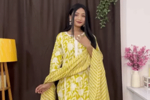 Sunlit Yellow Floral Printed Cotton Kurta Set with Striped Dupatta & Matching Pants – Daily Wear Ethnic Ensemble for Summer Comfort