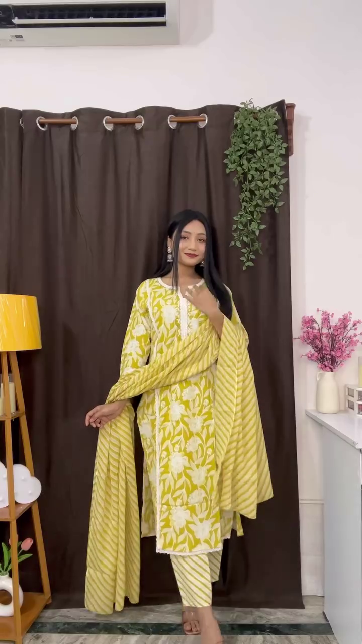 Sunlit Yellow Floral Printed Cotton Kurta Set with Striped Dupatta & Matching Pants – Daily Wear Ethnic Ensemble for Summer Comfort