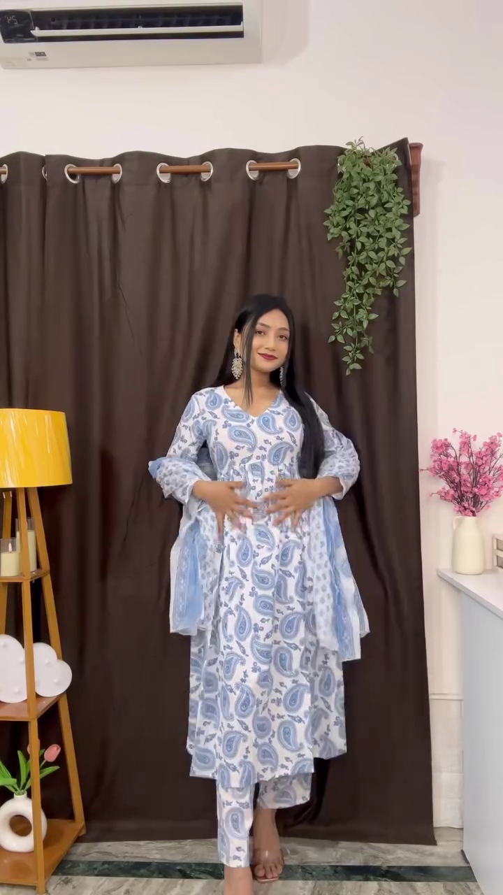 Sunlit Yellow Floral Printed Cotton Kurta Set with Striped Dupatta & Matching Pants – Daily Wear Ethnic Ensemble for Summer Comfort - Image 2