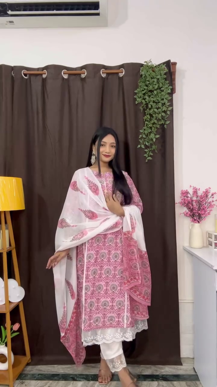 Sunlit Yellow Floral Printed Cotton Kurta Set with Striped Dupatta & Matching Pants – Daily Wear Ethnic Ensemble for Summer Comfort - Image 3