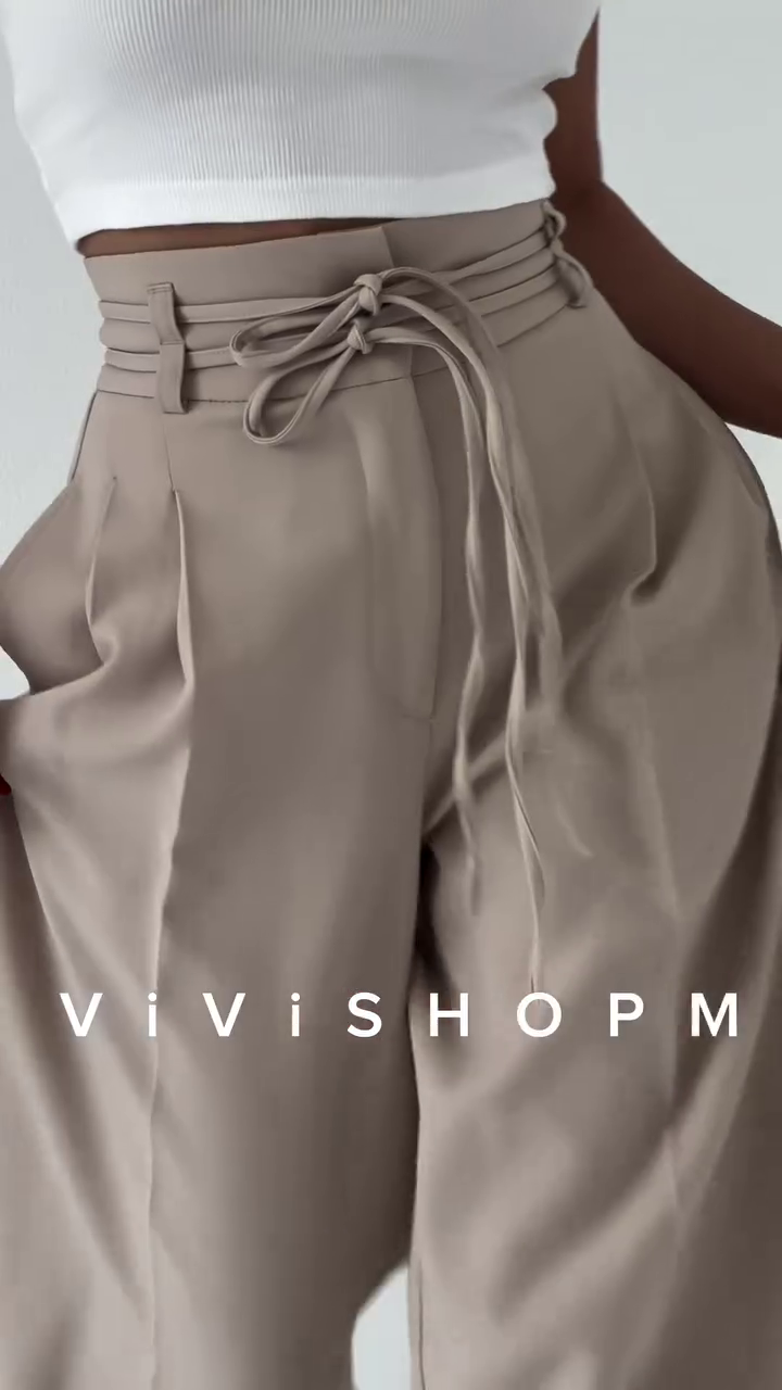 High-Waist Stone Beige Tailored Palazzo Pants with Waist-Cinch Belt Detailing – Elegant Pleated Wide-Leg Trousers for Modern Minimalist Fashion - Image 3