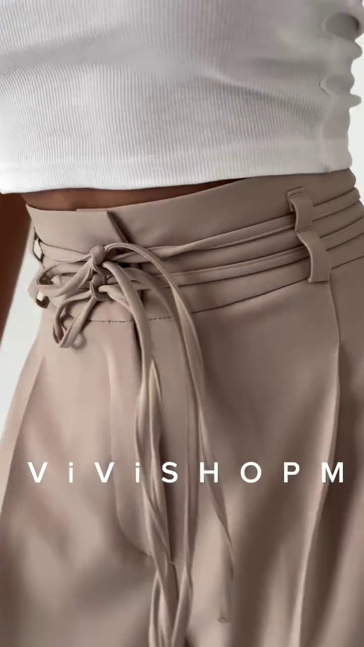 High-Waist Stone Beige Tailored Palazzo Pants with Waist-Cinch Belt Detailing – Elegant Pleated Wide-Leg Trousers for Modern Minimalist Fashion - Image 2