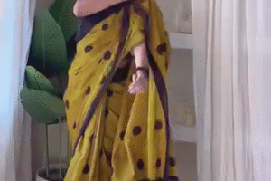 Vintage Mustard Yellow Cotton Saree with Bold Black Polka Dots, Contrast Border & Classic Striped Pallu – Handcrafted Ethnic Drape with Contemporary Twist”