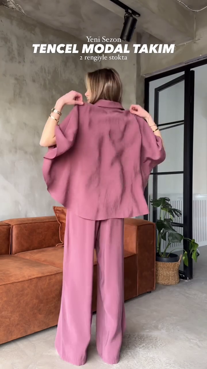 Two-Piece Co-Ord Set for Women – Ultra-Soft Short Sleeve Shirt and Wide-Leg Trousers in Sustainable Fabric - Light Shades - Image 3