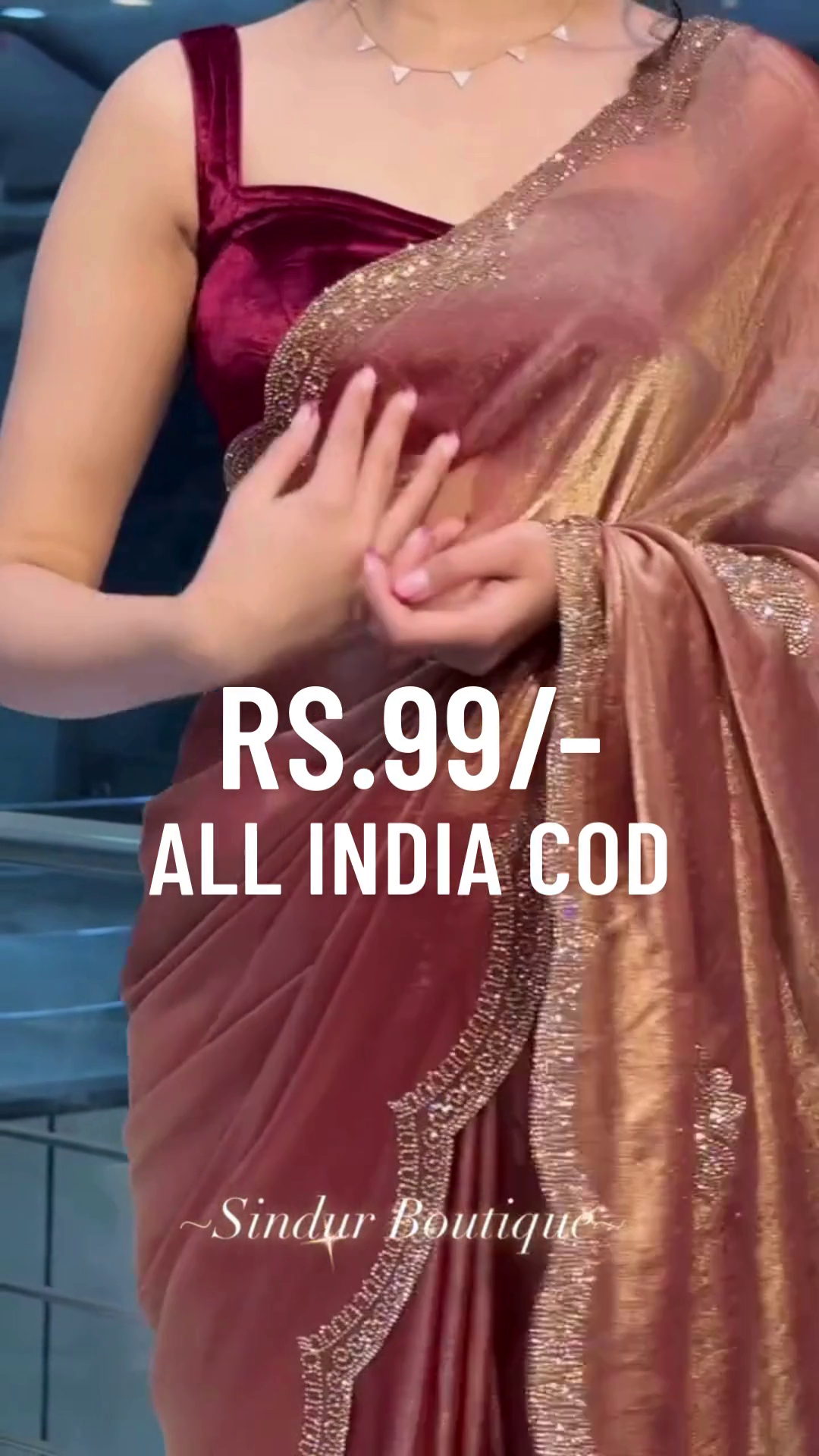 Designer Velvet Maroon Saree with Gold Embroidered Pallu – Elegant Party Wear Saree for Women | Sindur Boutique | Ready to Wear - Image 3