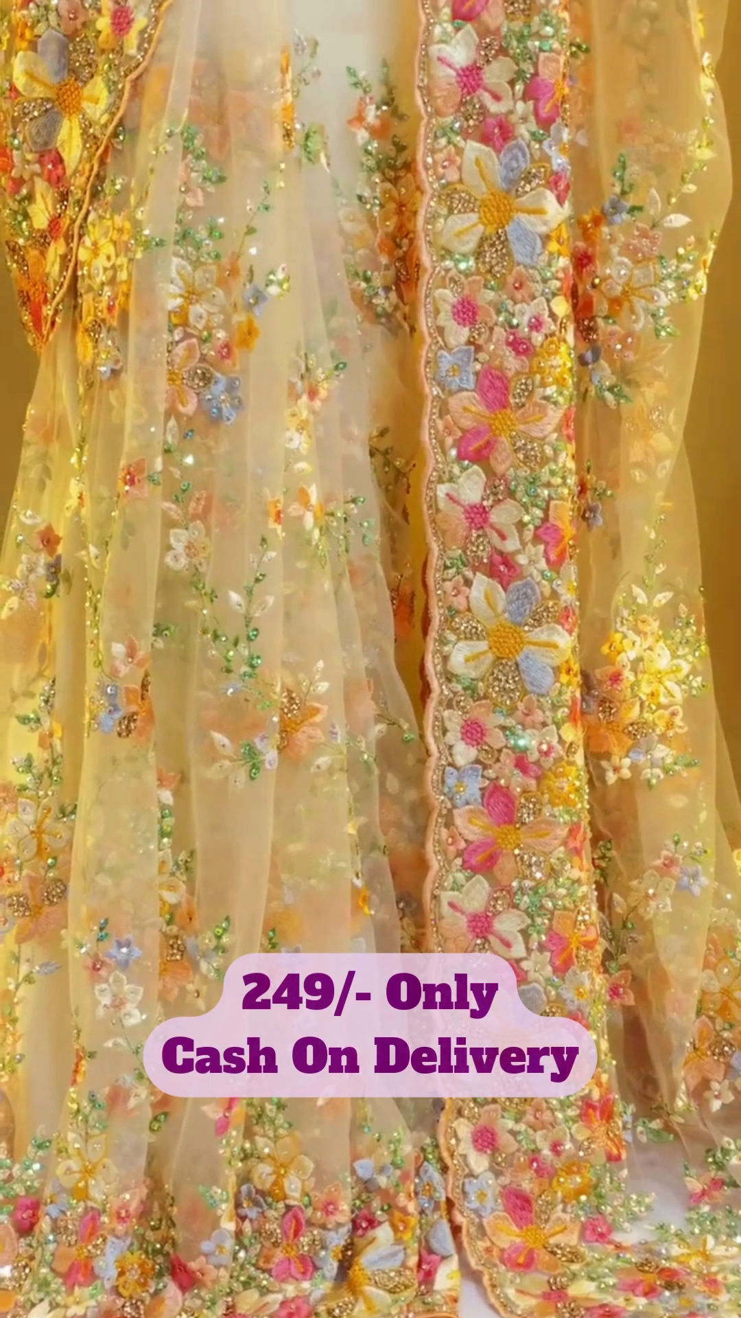 Heavy Embroidered Yellow Net Saree with Multicolour 3D Floral Work and Beads – Festive Traditional Wear - Image 6