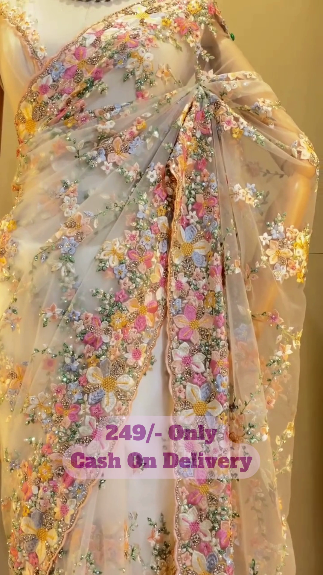 Heavy Embroidered Yellow Net Saree with Multicolour 3D Floral Work and Beads – Festive Traditional Wear - Image 5