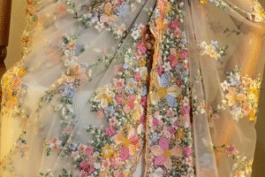 Heavy Embroidered Yellow Net Saree with Multicolour 3D Floral Work and Beads – Festive Traditional Wear