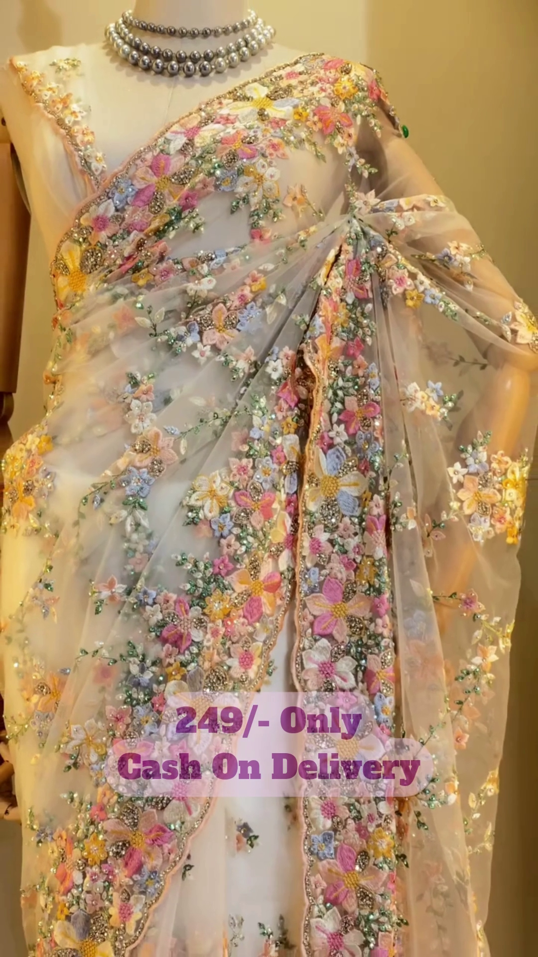 Heavy Embroidered Yellow Net Saree with Multicolour 3D Floral Work and Beads – Festive Traditional Wear