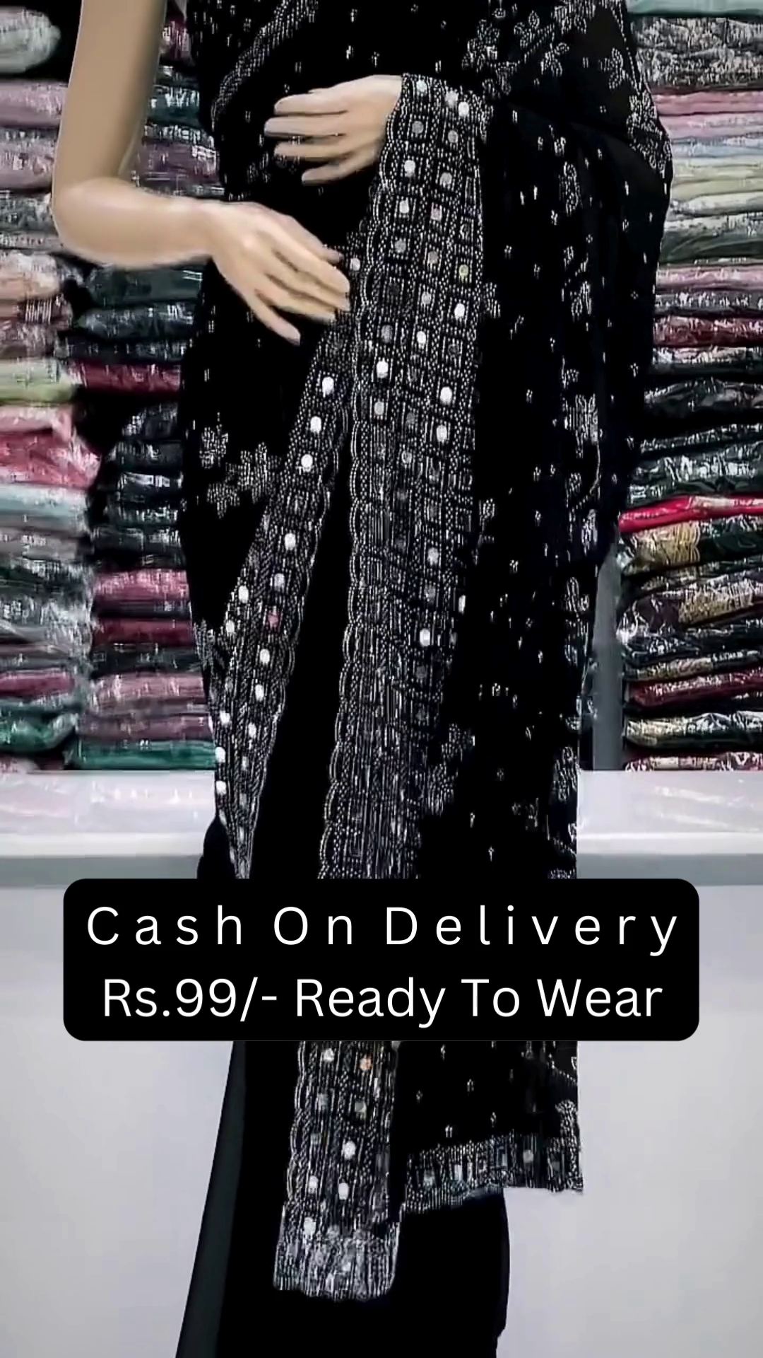 Black Sequin and Mirror Work Embroidered Saree – Glamorous Ready-to-Wear Indian Saree for Women | Party Special - Image 2