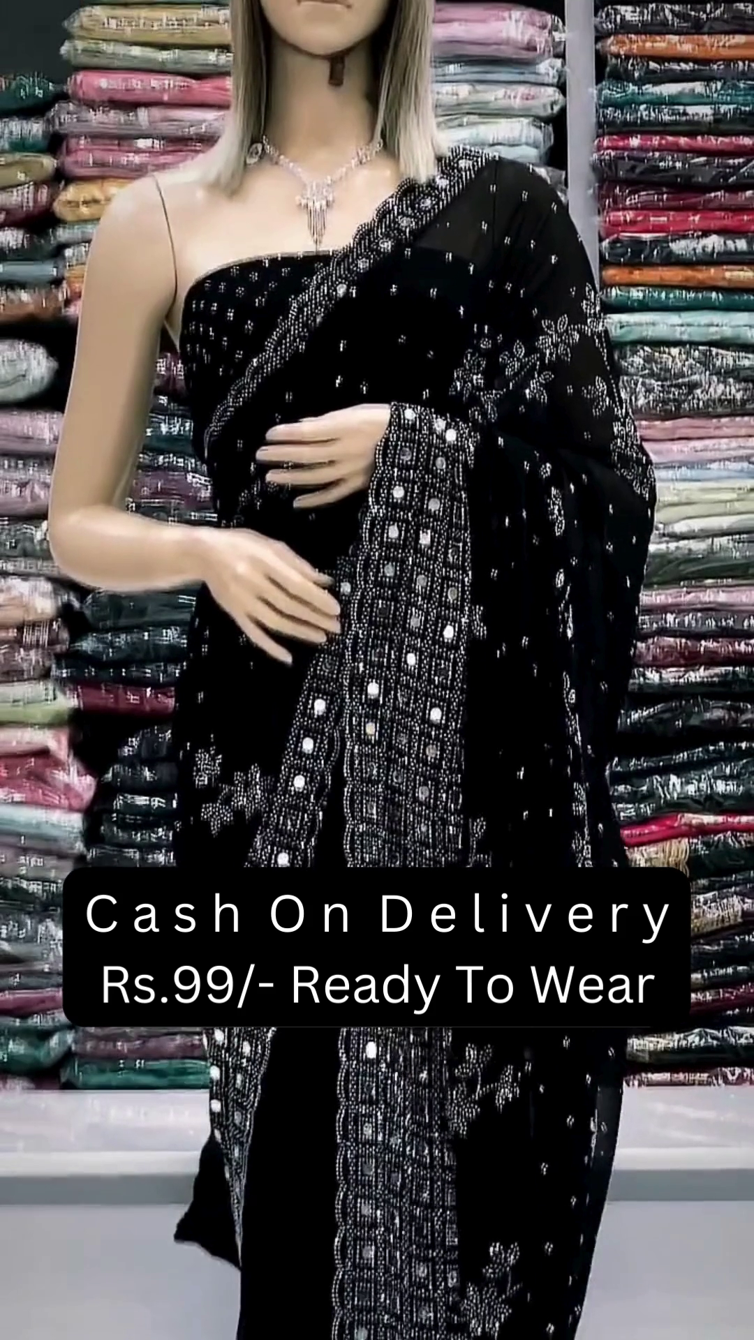 Black Sequin and Mirror Work Embroidered Saree – Glamorous Ready-to-Wear Indian Saree for Women | Party Special