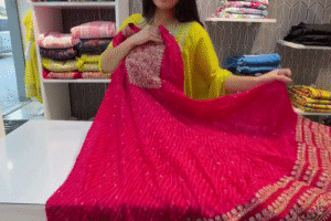 Royal Rajasthani Bandhej Anarkali Gown Set with Dupatta – Traditional Mirror & Gota Work