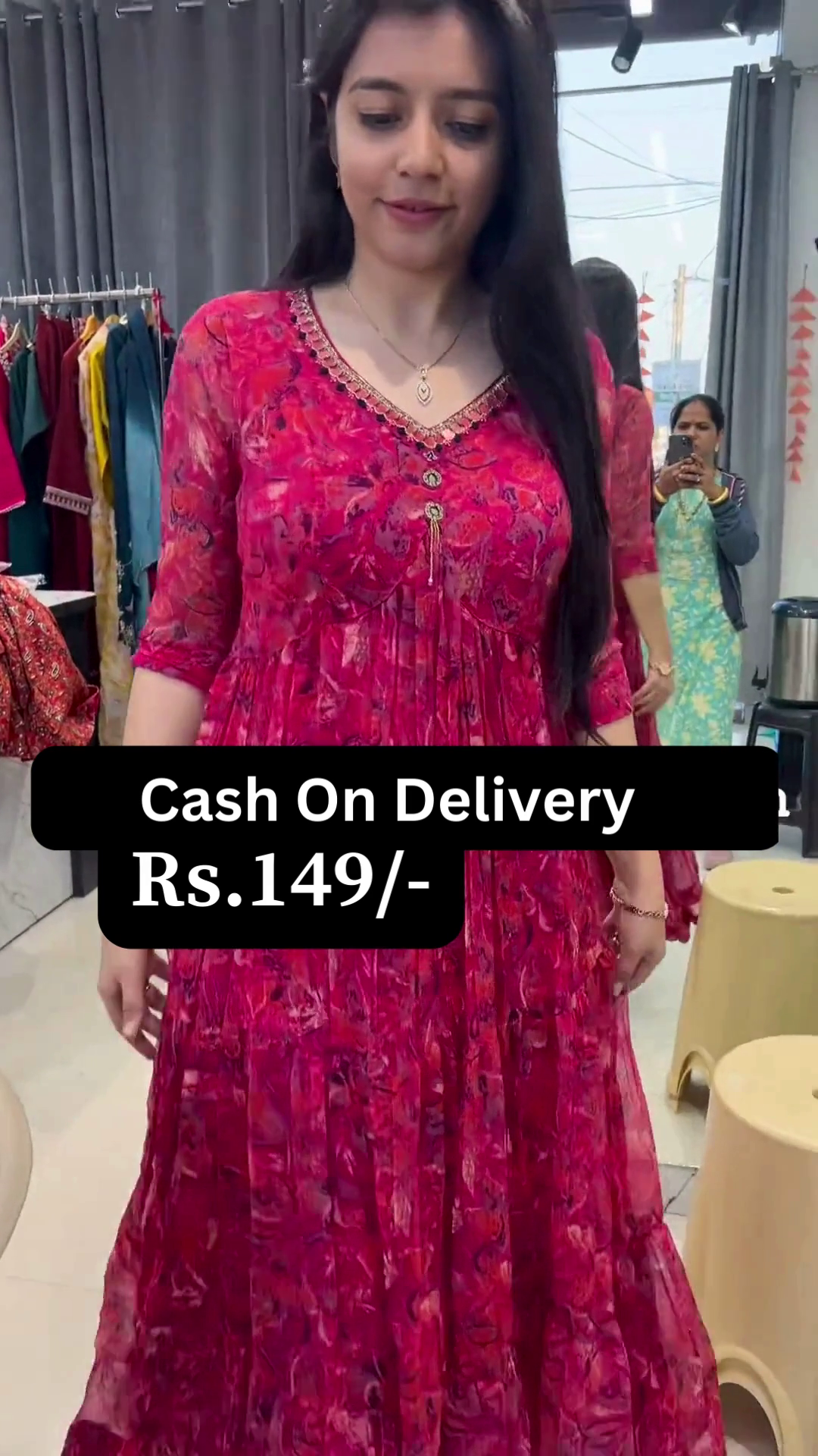 Elegant Red Floral Cotton Frock Kurti Dress – Front Button Pattern - Image 2