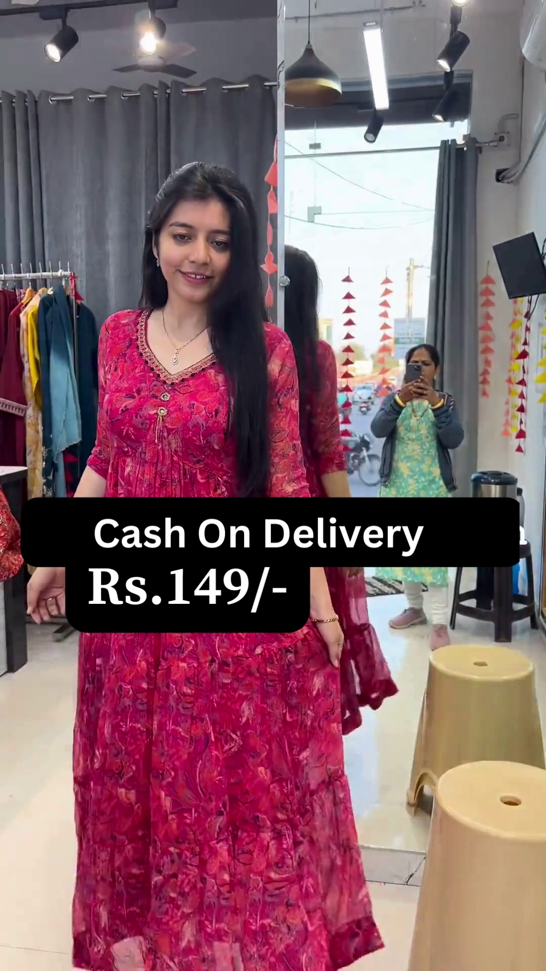 Elegant Red Floral Cotton Frock Kurti Dress – Front Button Pattern - Image 3