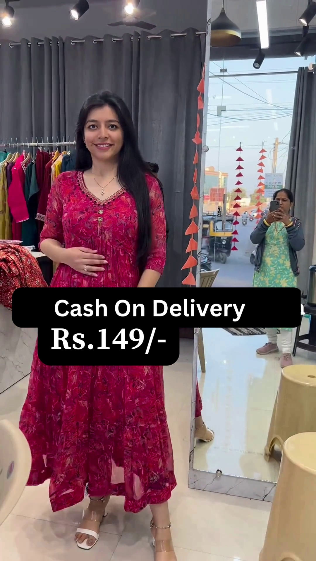 Elegant Red Floral Cotton Frock Kurti Dress – Front Button Pattern