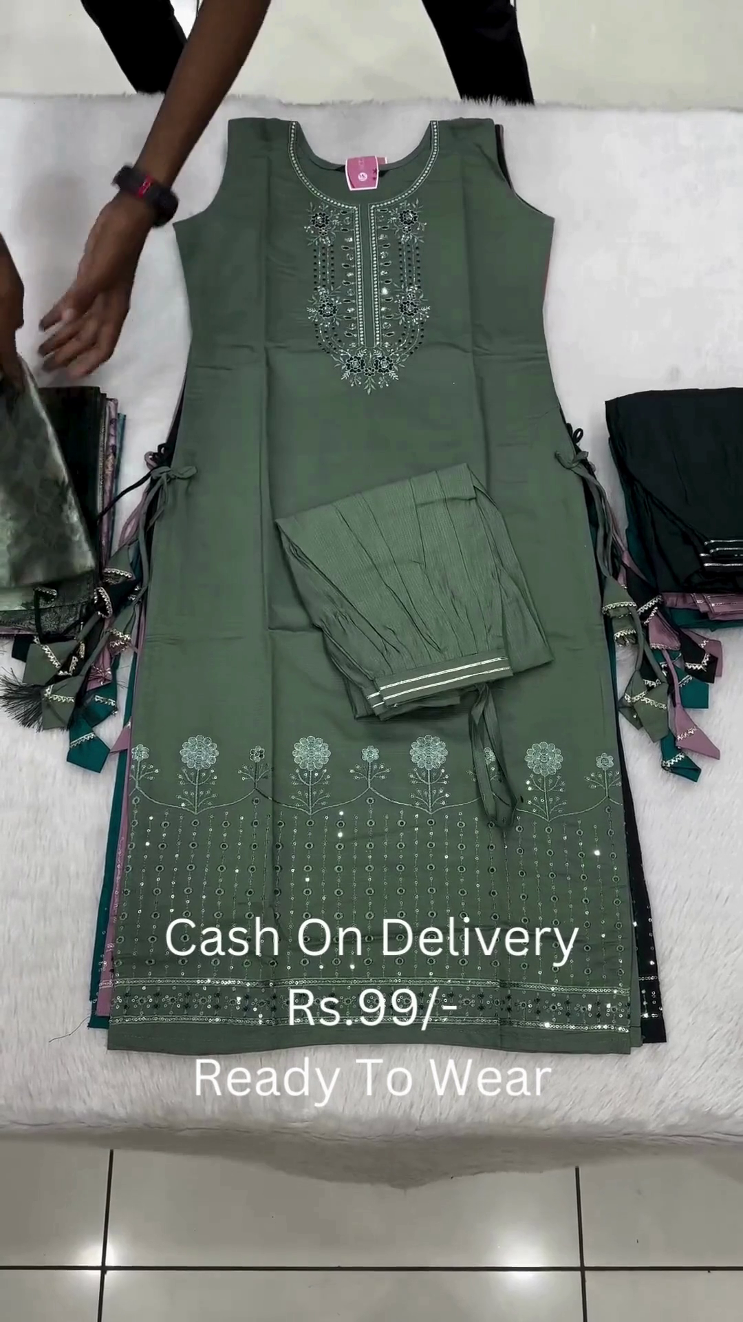 Teal Green Sleeveless Embroidered Kurti Set with Printed Dupatta - Image 2