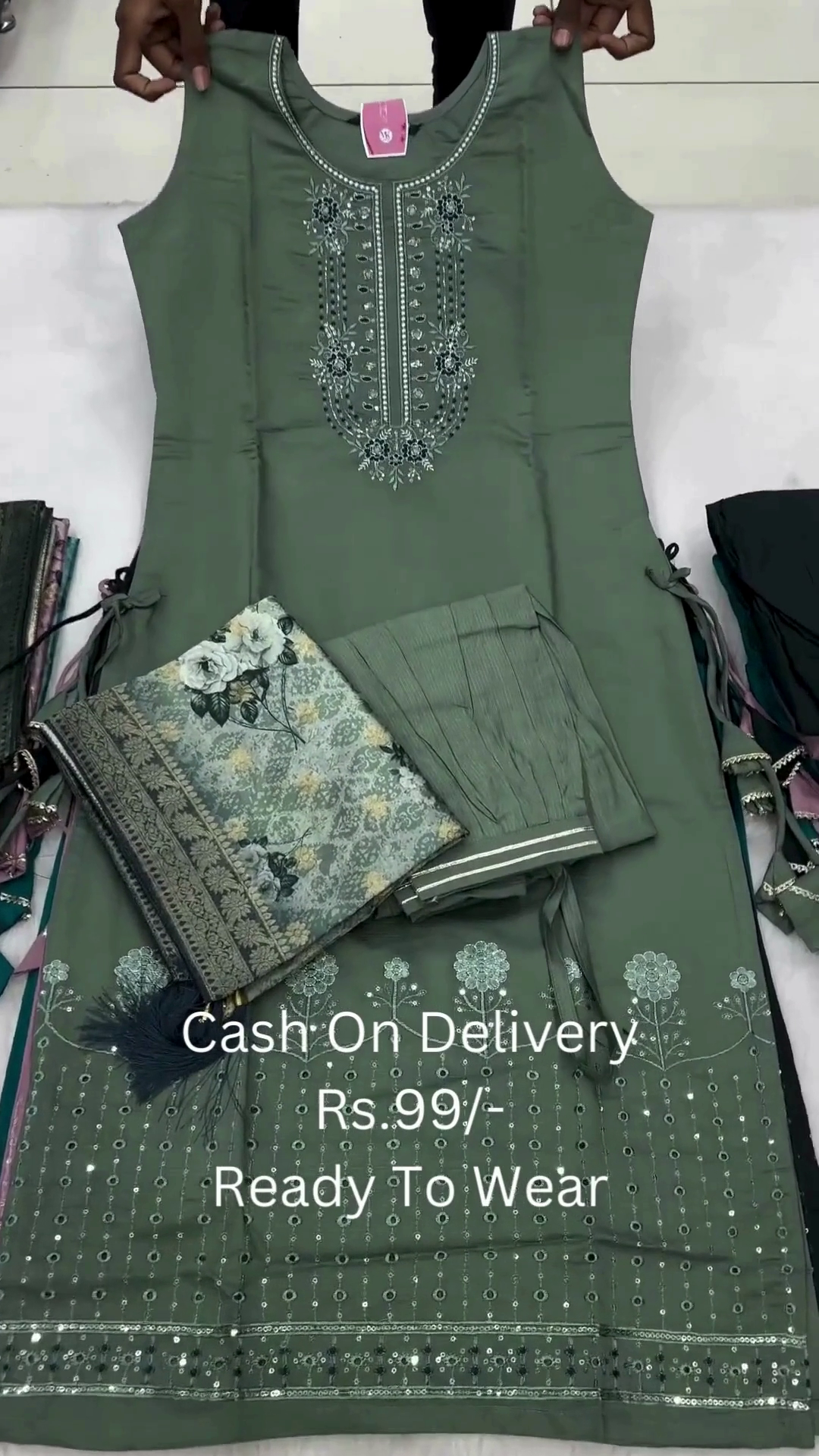 Teal Green Sleeveless Embroidered Kurti Set with Printed Dupatta