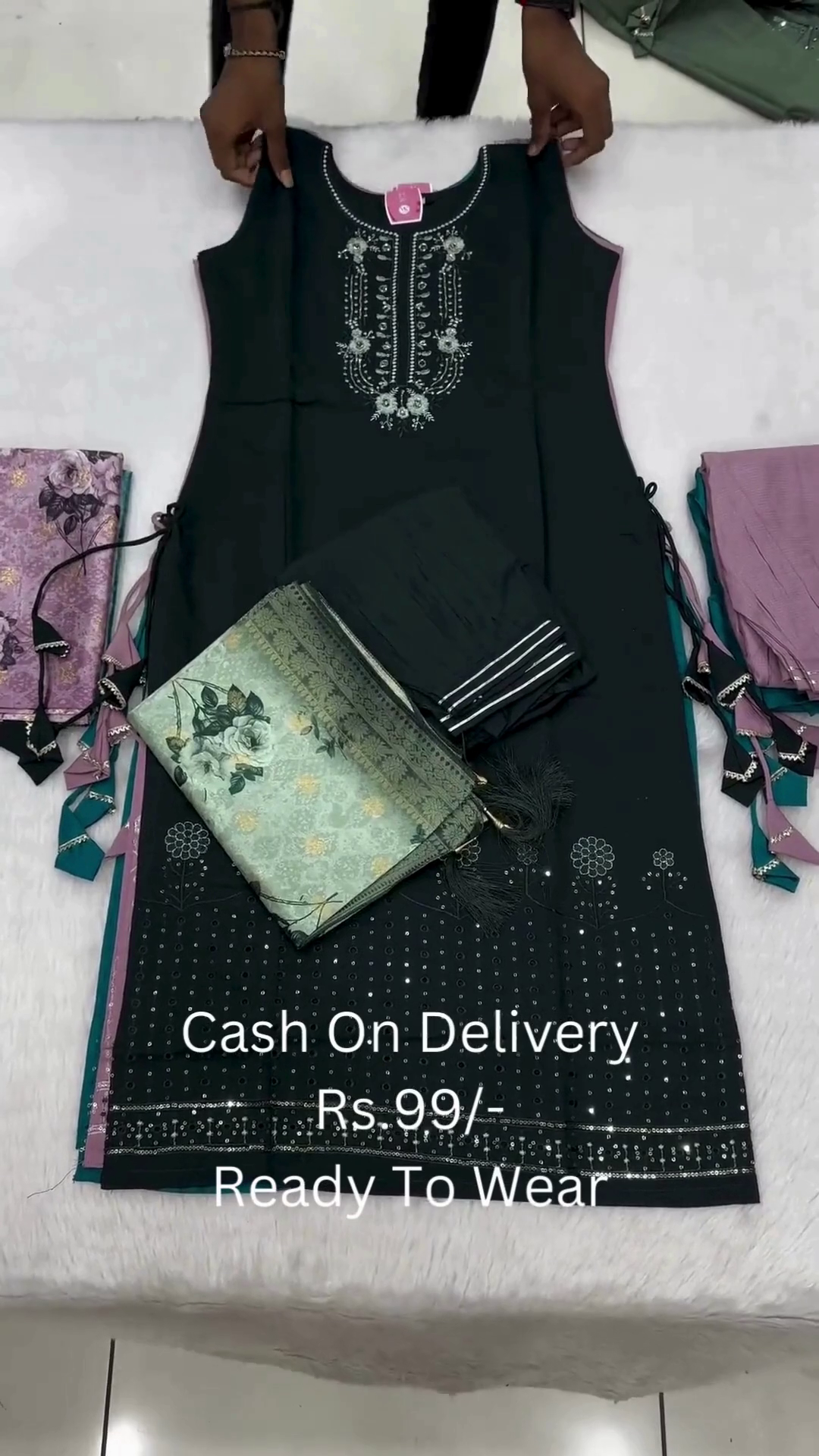 Teal Green Sleeveless Embroidered Kurti Set with Printed Dupatta - Image 3