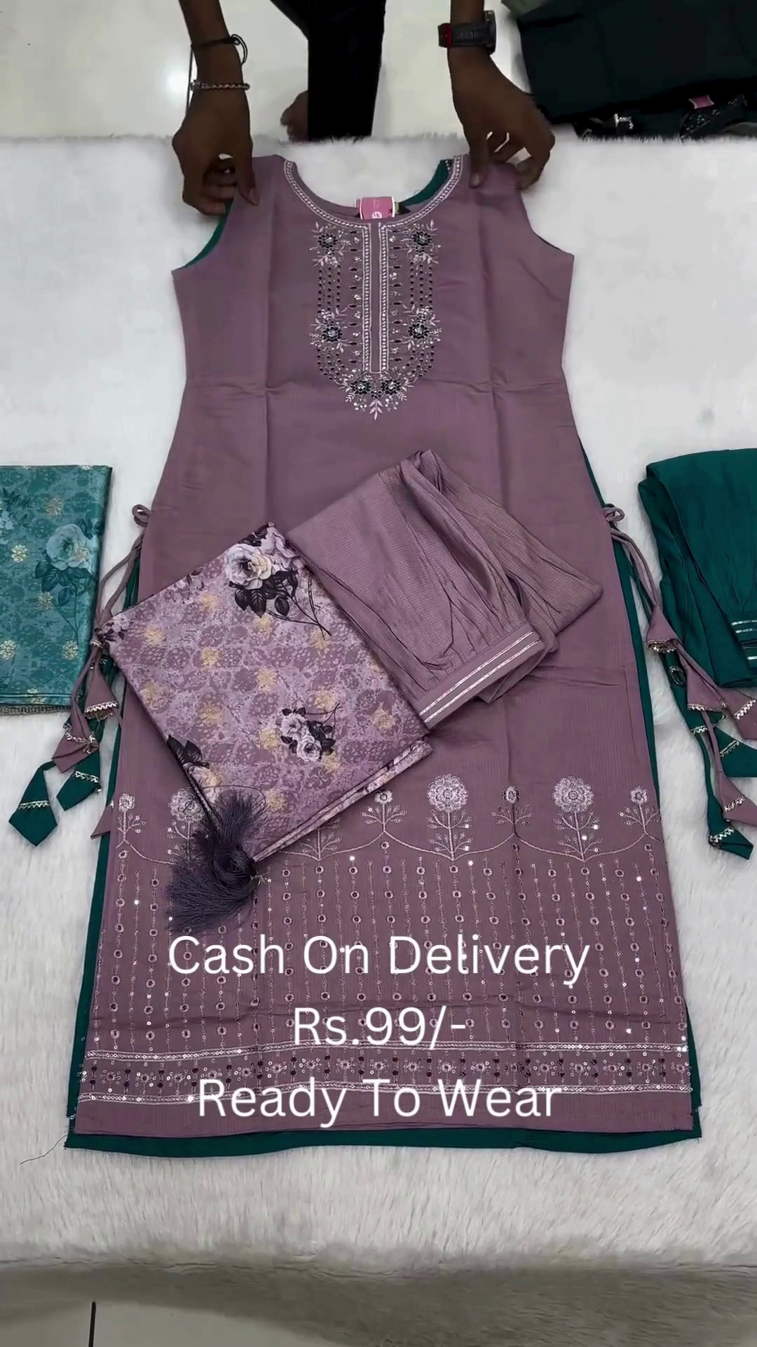 Teal Green Sleeveless Embroidered Kurti Set with Printed Dupatta - Image 4