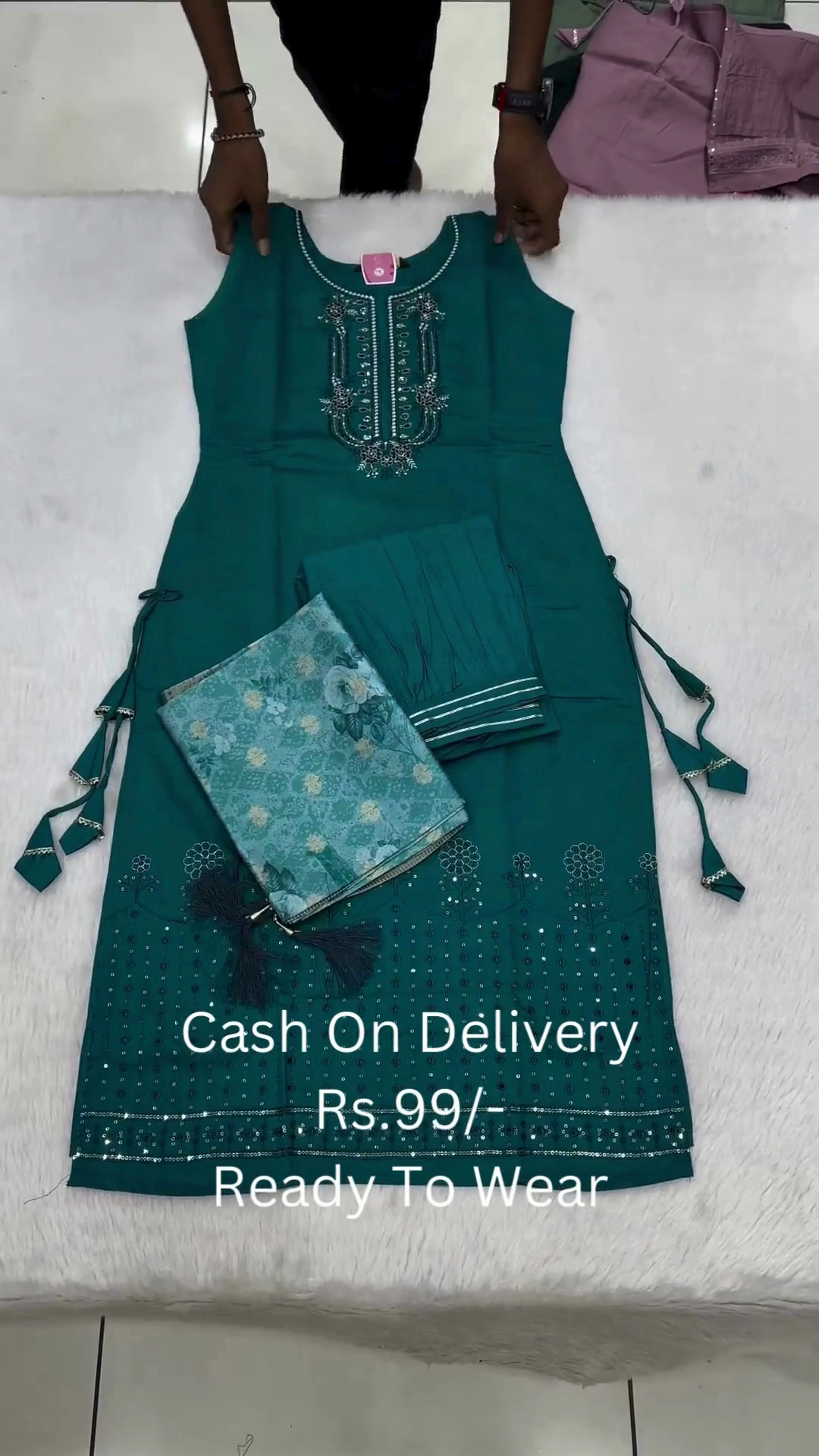 Teal Green Sleeveless Embroidered Kurti Set with Printed Dupatta - Image 5