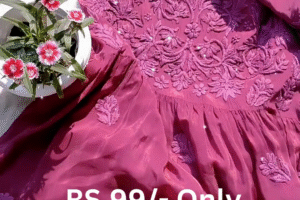 Wine Embroidered Organza Anarkali Gown Dress – Graceful & Affordable