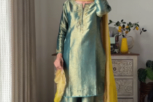 🌟💚 Luxury Silk Ensemble | Green Kurta with Golden Detailing 💛👗