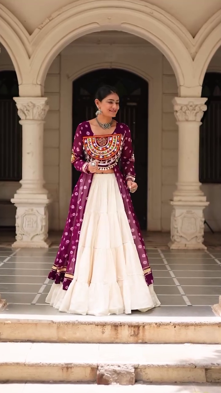 Traditional Kutchi Mirror Work Embroidered Pink Long Jacket with White Flared Lehenga – Navratri & Festive Special Ethnic Wear Set for Women - Image 6